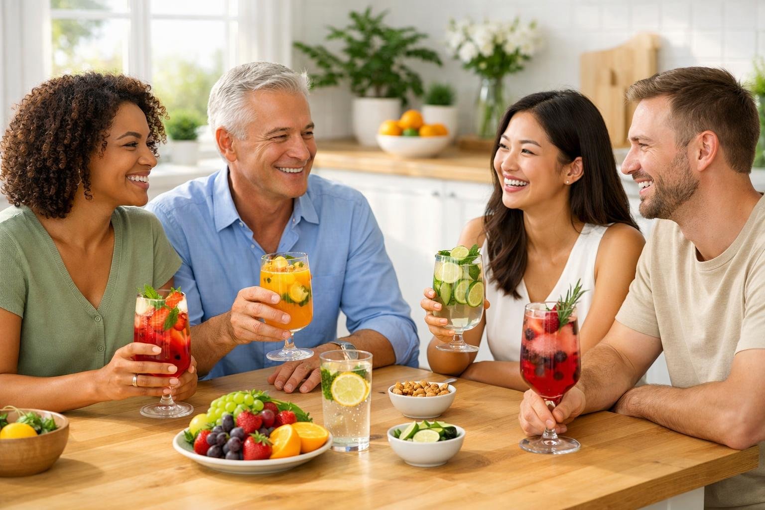 A group of adults enjoying colourful non-alcoholic drinks together at a bright kitchen table with fresh fruit and plants nearby.