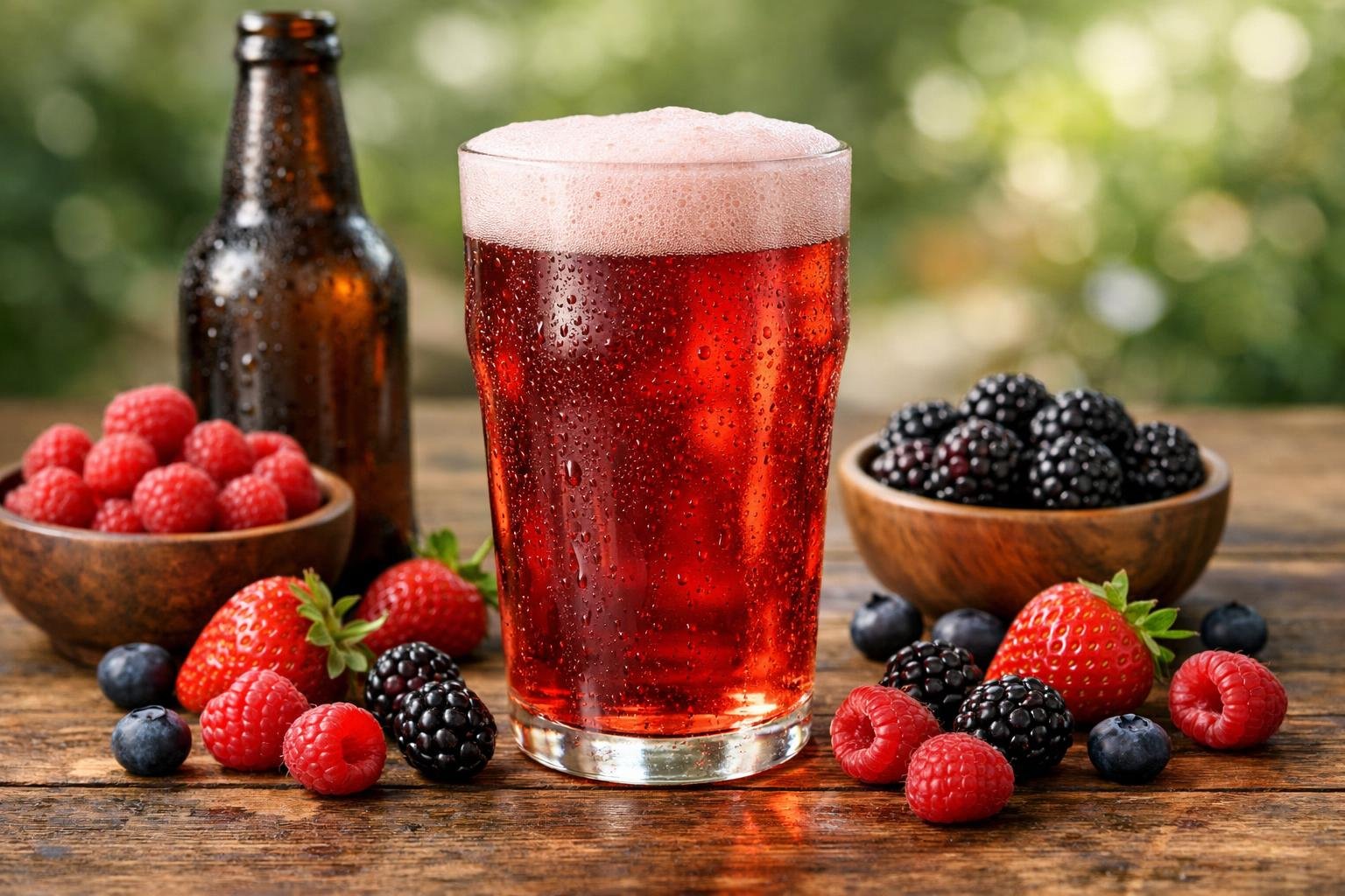 A chilled glass of berry cider on a wooden table surrounded by fresh berries and a bottle in the background.
